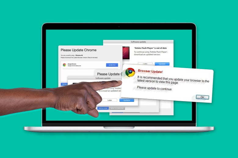 A finger pushing an update pop-up message off the screen.